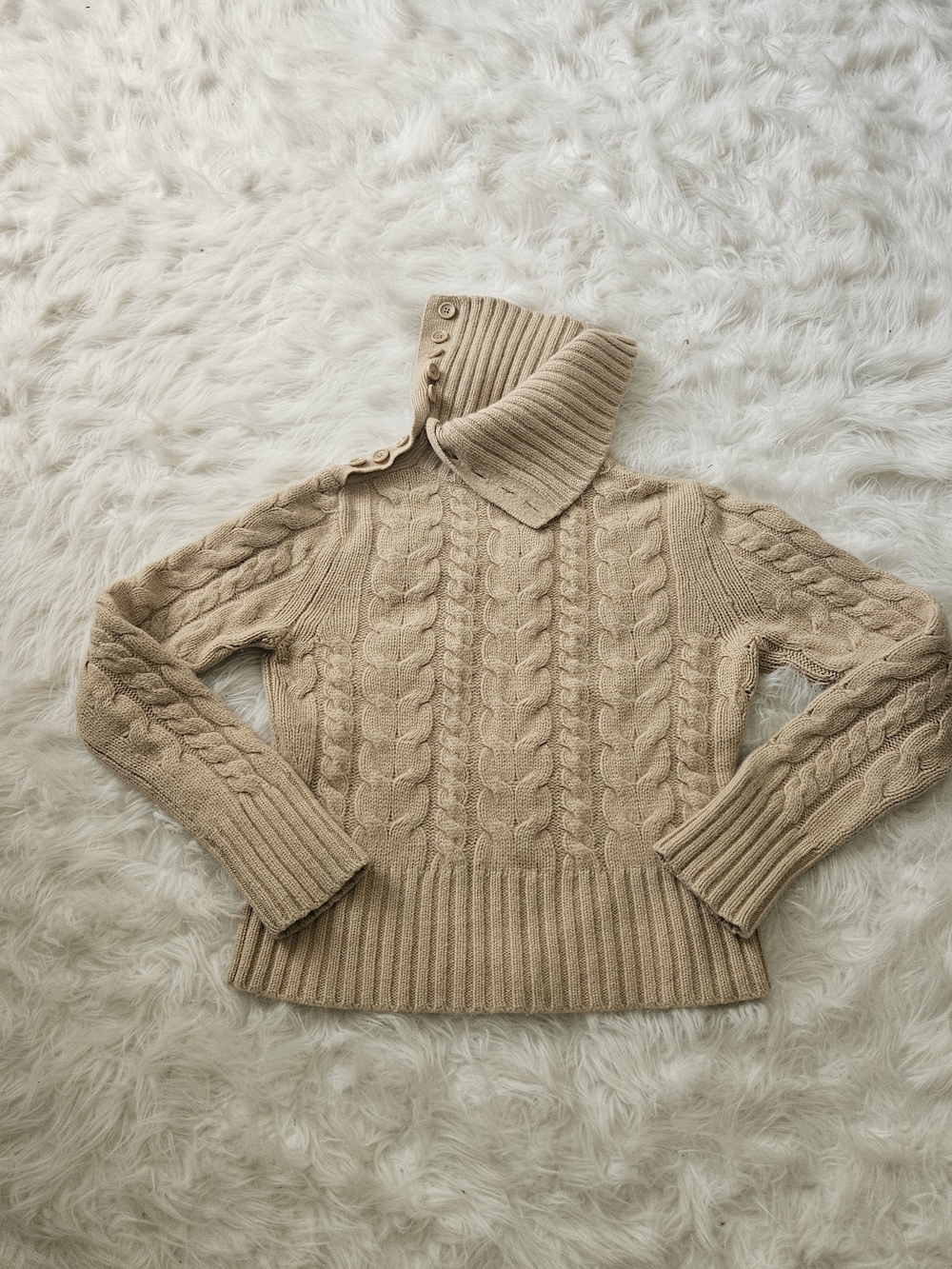 Banana Republic Women's Cable Knit Button Funnel Neck Sweater in Tan, Size S
